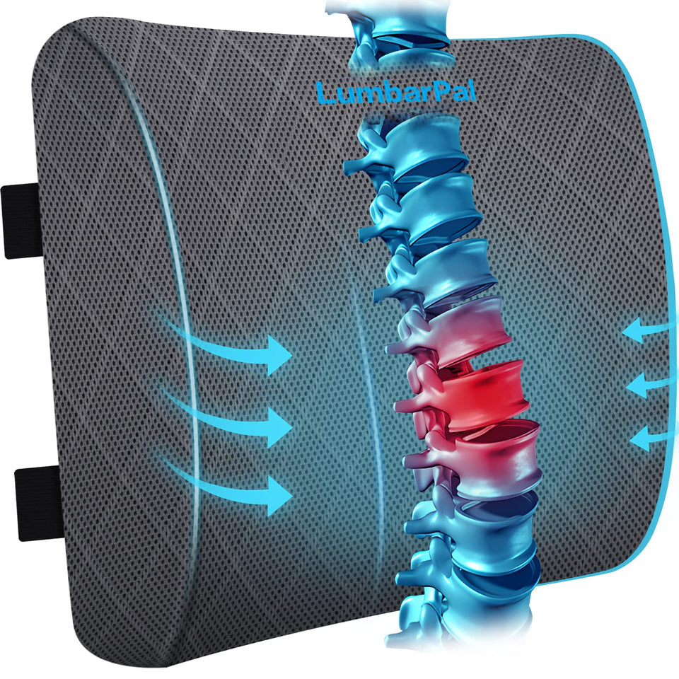 LumbarPal memory foam lumbar pillow on an office chair, offering supportive contouring.