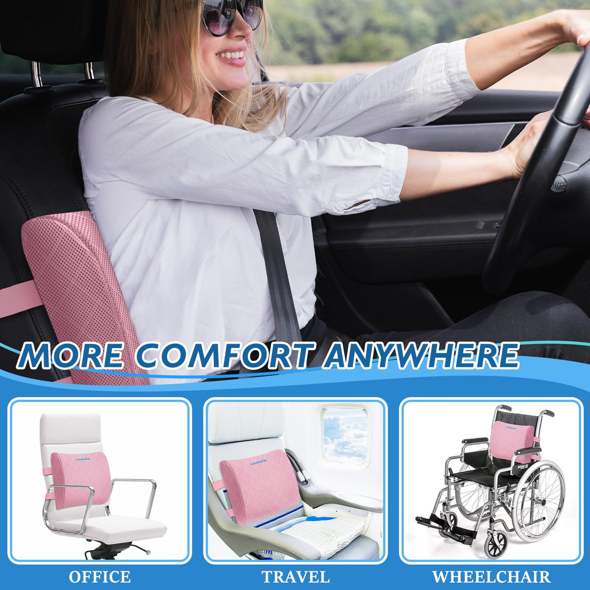 LumbarPal pink lumbar support pillow in a car seat for road trips