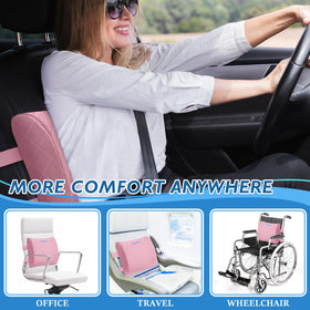 LumbarPal pink lumbar support pillow in a car seat for road trips