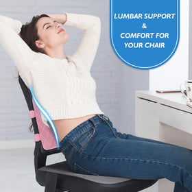 LumbarPal pink lumbar support pillow on a gaming chair offering targeted back support