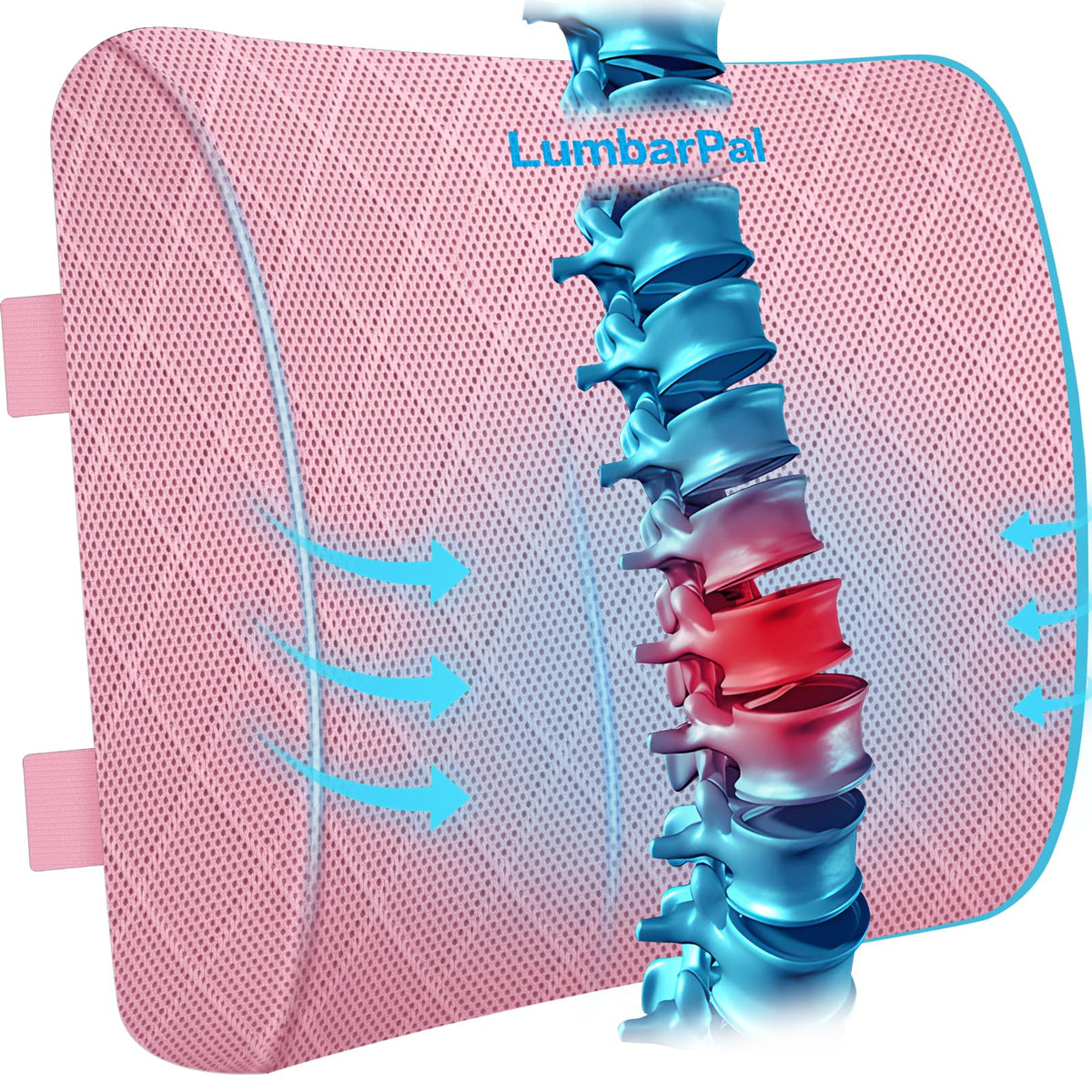LumbarPal pink lumbar support pillow on an office chair improves posture during long work sessions