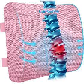 LumbarPal pink lumbar support pillow on an office chair improves posture during long work sessions