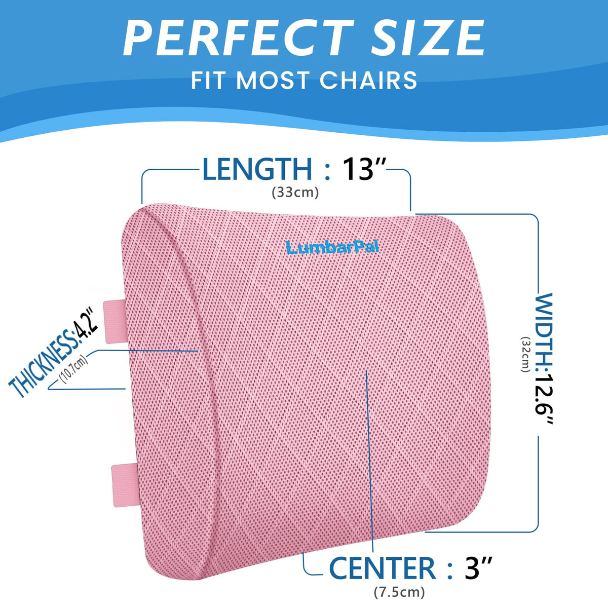LumbarPal pink lumbar support pillow side view with adjustable strap for a secure fit
