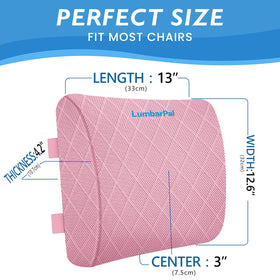 LumbarPal pink lumbar support pillow side view with adjustable strap for a secure fit
