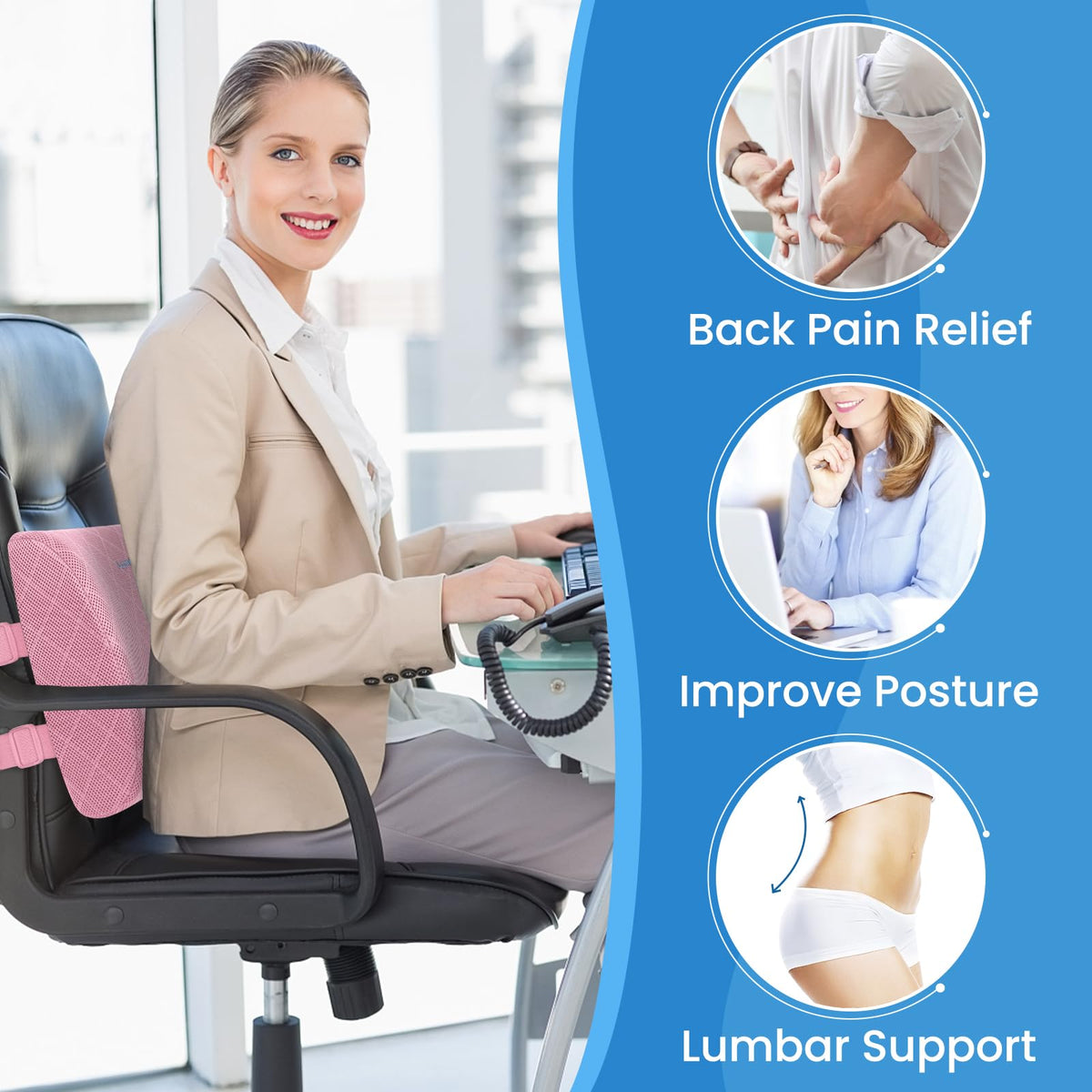 LumbarPal pink lumbar support pillow with extended straps for diverse chairs