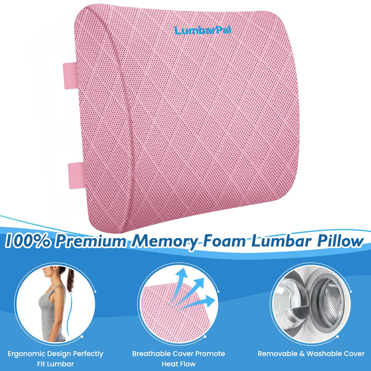 LumbarPal pink memory foam detail showing contouring for personalized back support