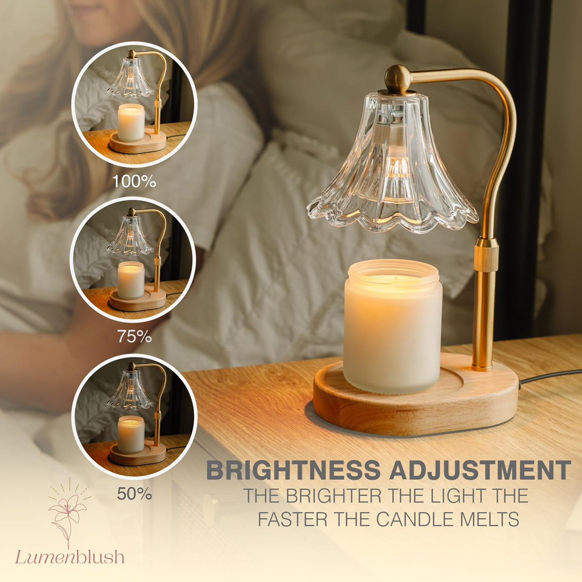 Lumenblush Candle Warmer Lamp dimmable brightness for mood control.