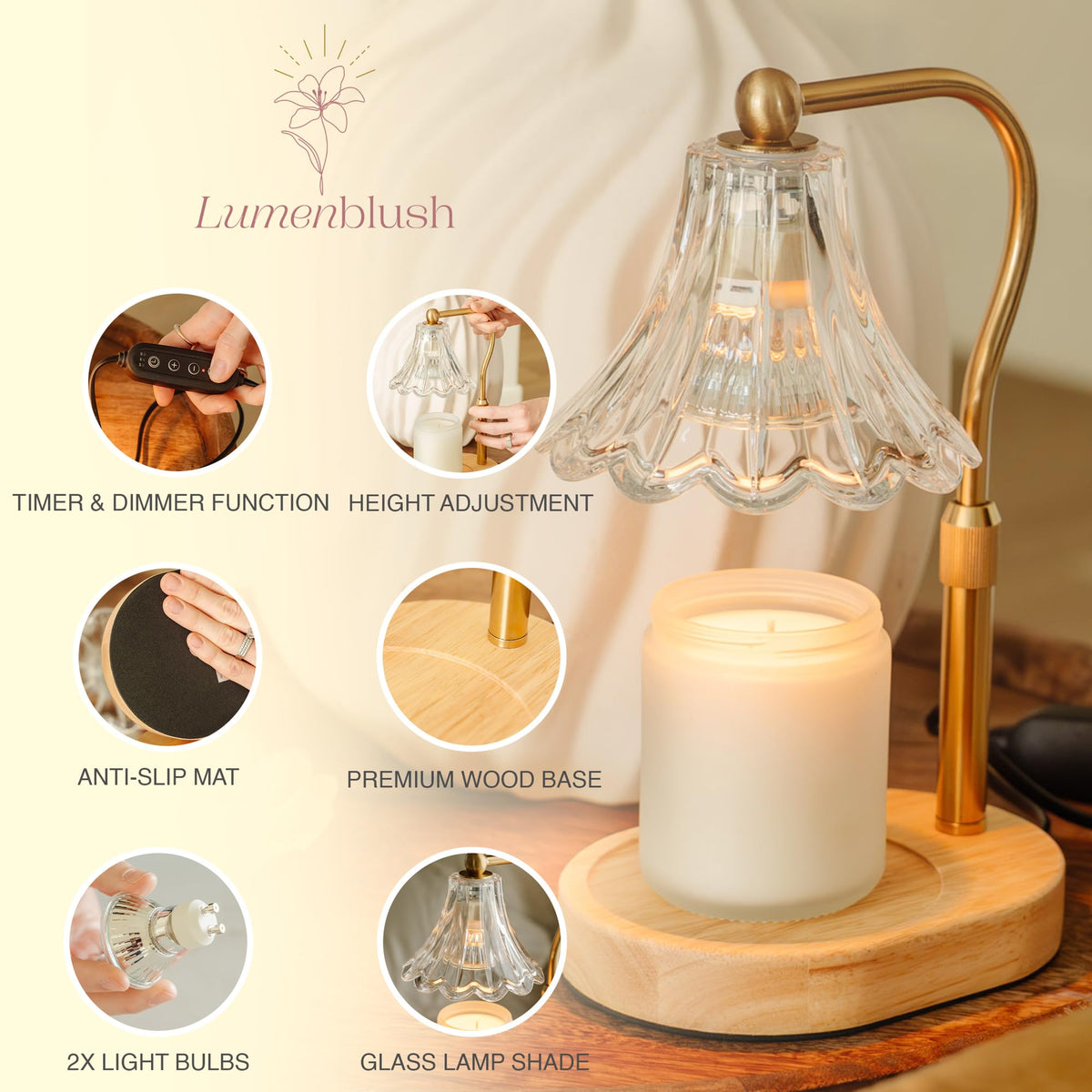 Lumenblush Premium wood glass finish elevates décor on the warmer lamp.