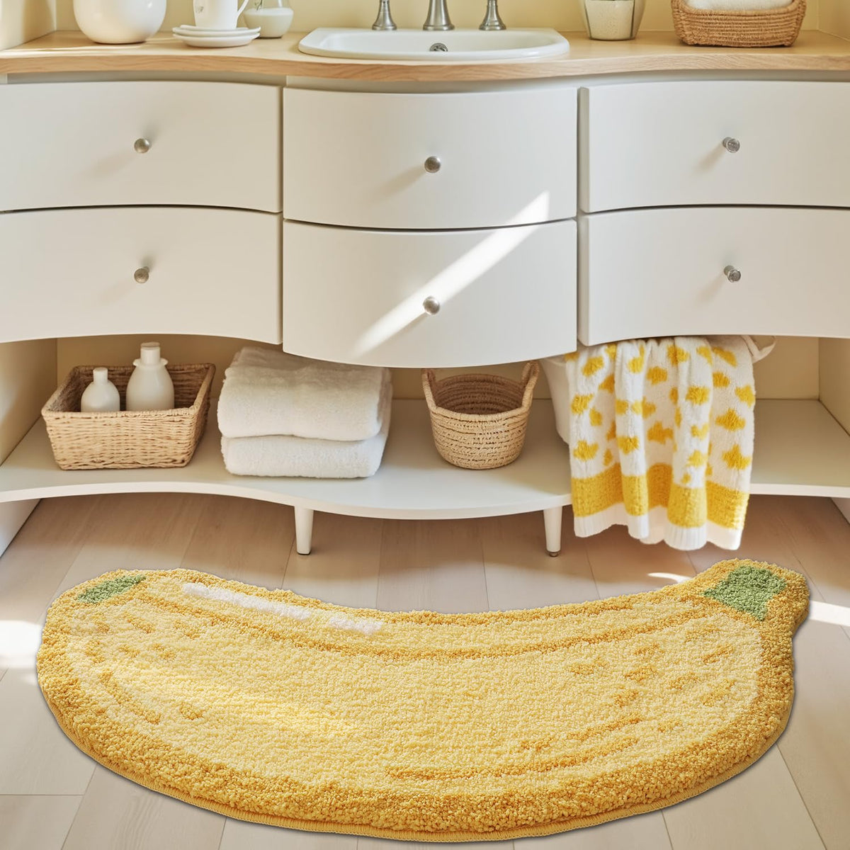 LUMI banana rug in bathroom scene offers a warm, dry surface after showers.