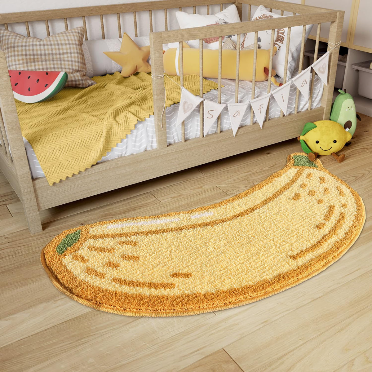 LUMI banana rug in living room or bedroom shows versatile placement with style.