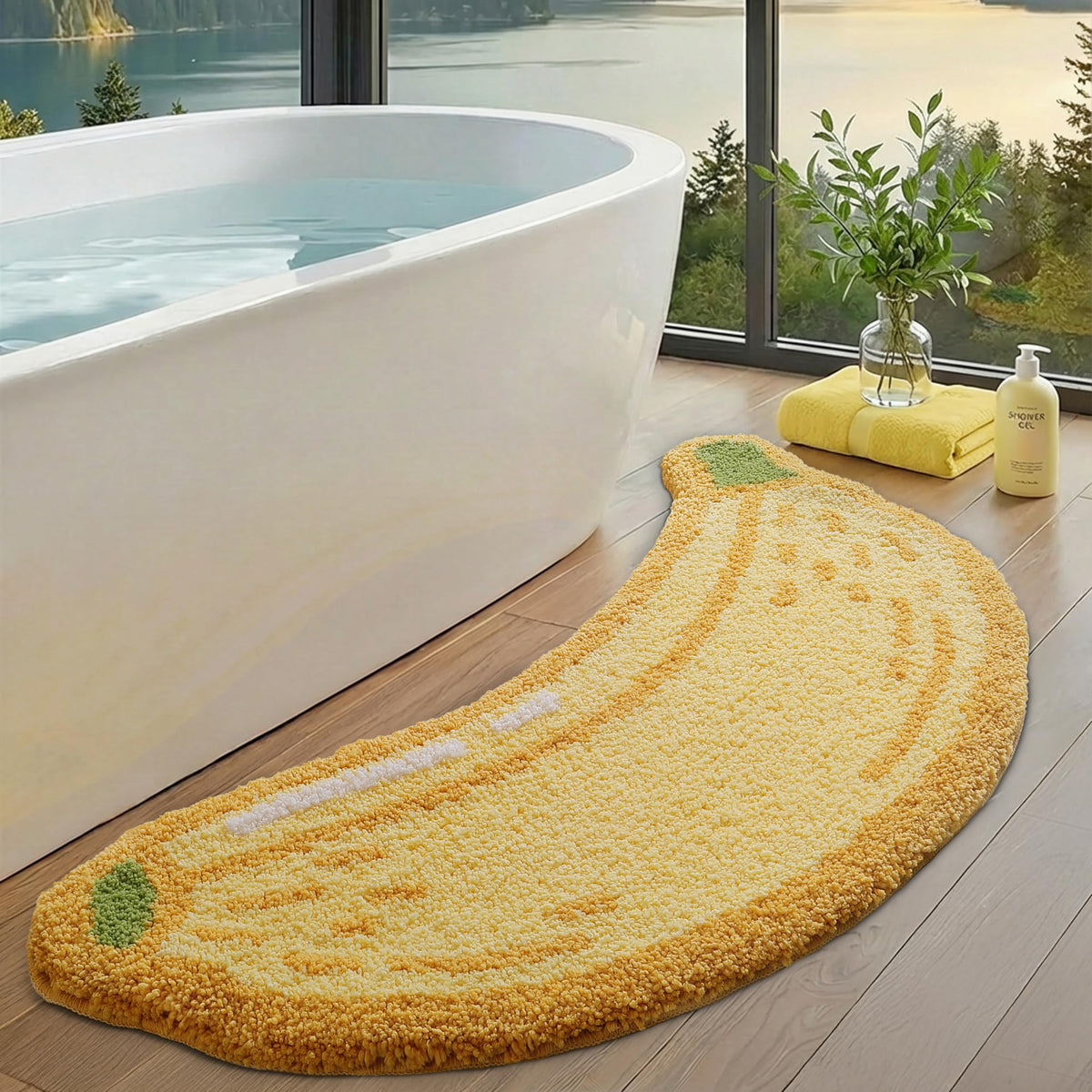 LUMI banana rug closeup shows soft, plush texture for cozy feet.