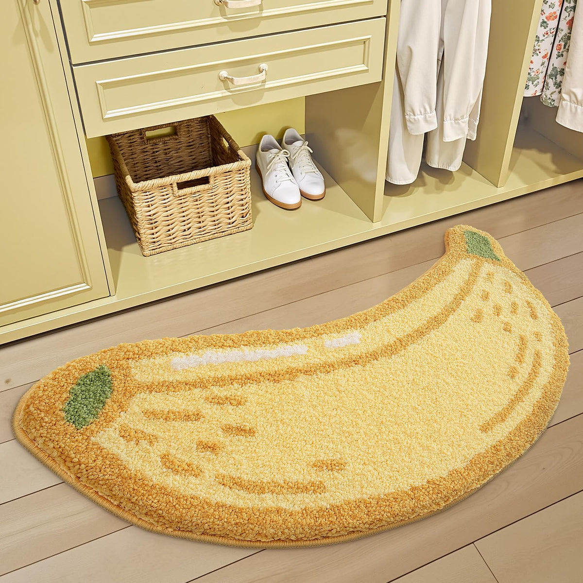 LUMI banana rug non-slip back emphasizes safe footing on smooth floors.