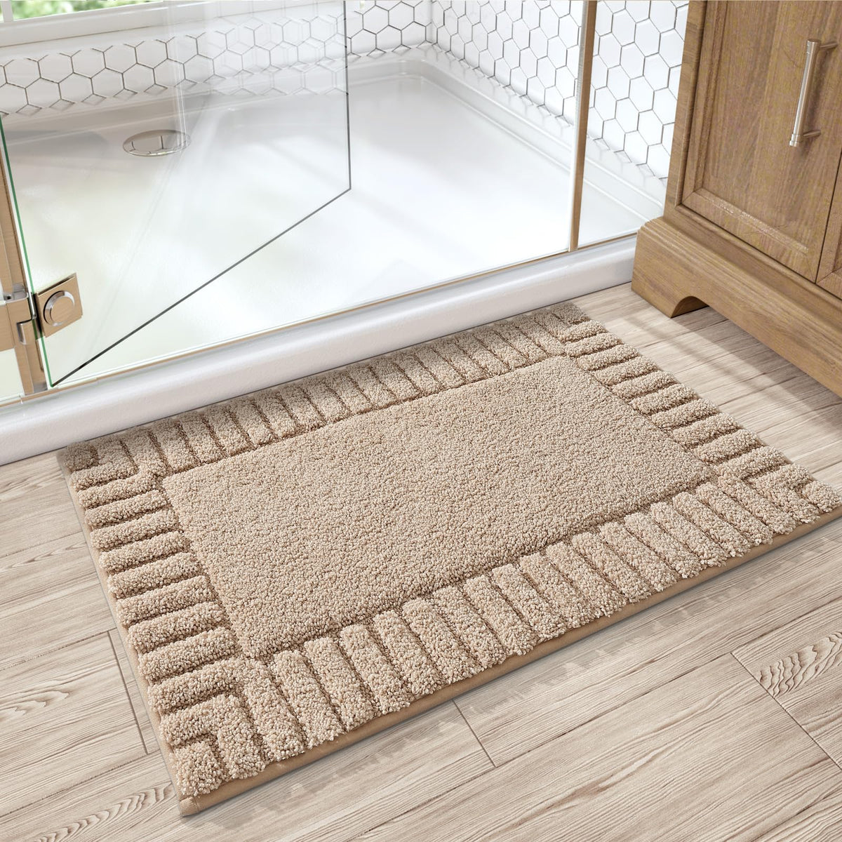 LUMI plush bath rug creates a cozy, inviting bathroom atmosphere.