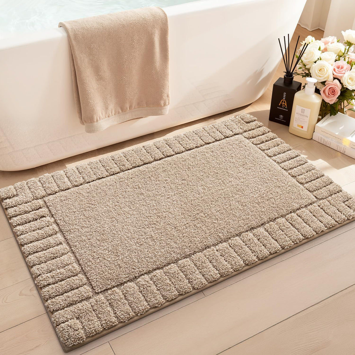 LUMI non-slip bathroom rug with rubber backing keeps floors safe.