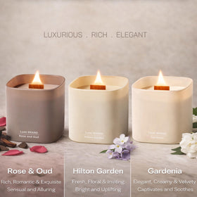 Lumi Brand Hilton Garden candle in glass jar enhances living room atmosphere.