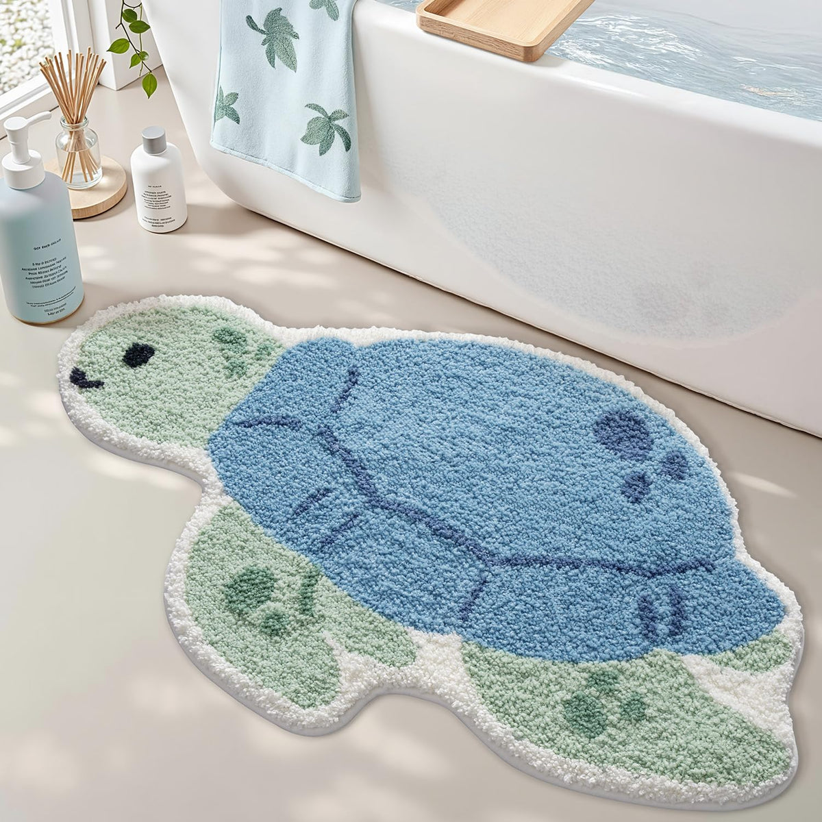 LUMI sea turtle rug with plush microfiber for a dry bathroom floor