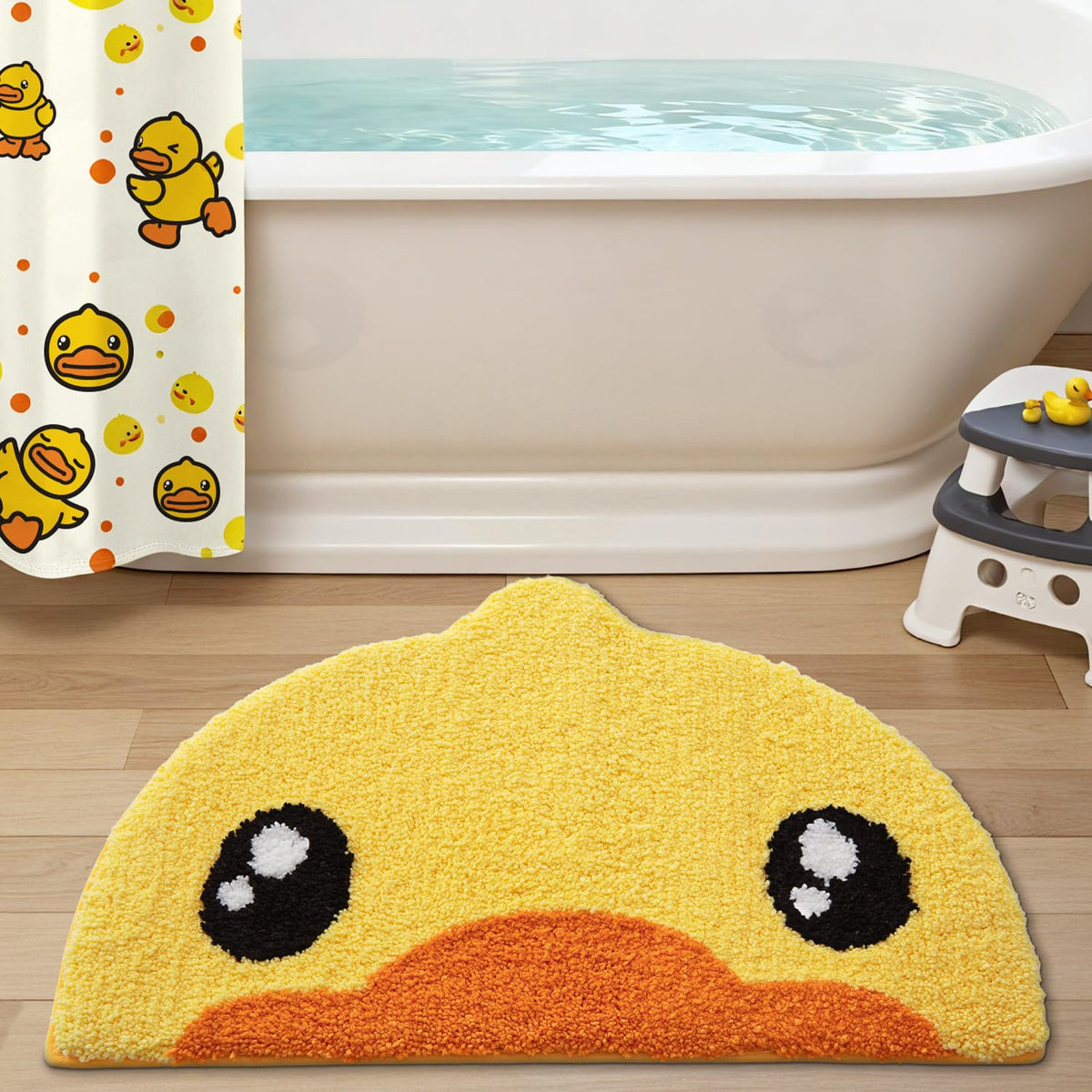 LUMI Cute Duck Bath Mat absorbs water quickly for a dry floor.