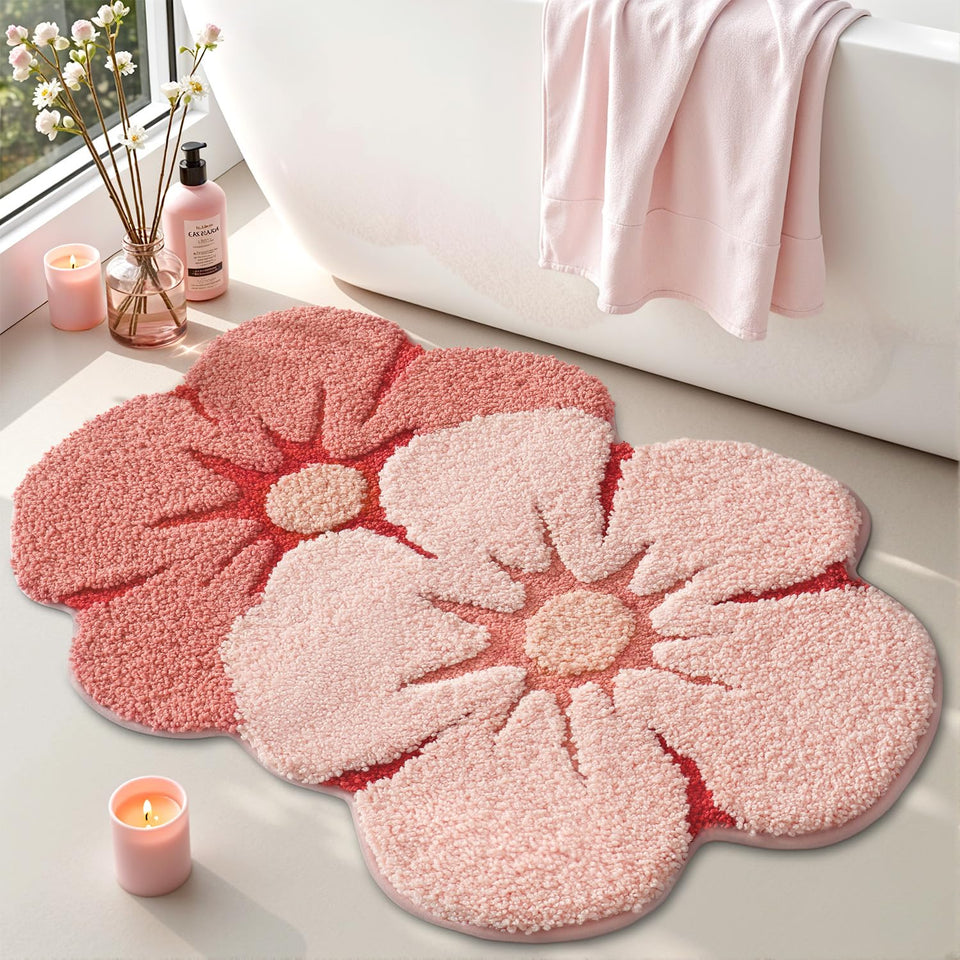 LUMI flower bath rug in Bliss Pink, absorbs water for a dry bathroom floor.