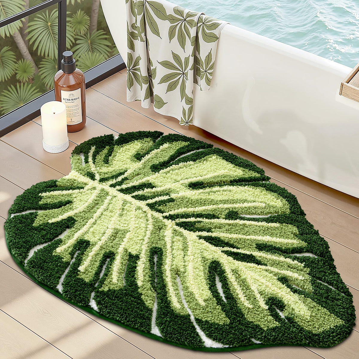 LUMI Monstera leaf bath rug with tropical design for stylish bathroom decor.