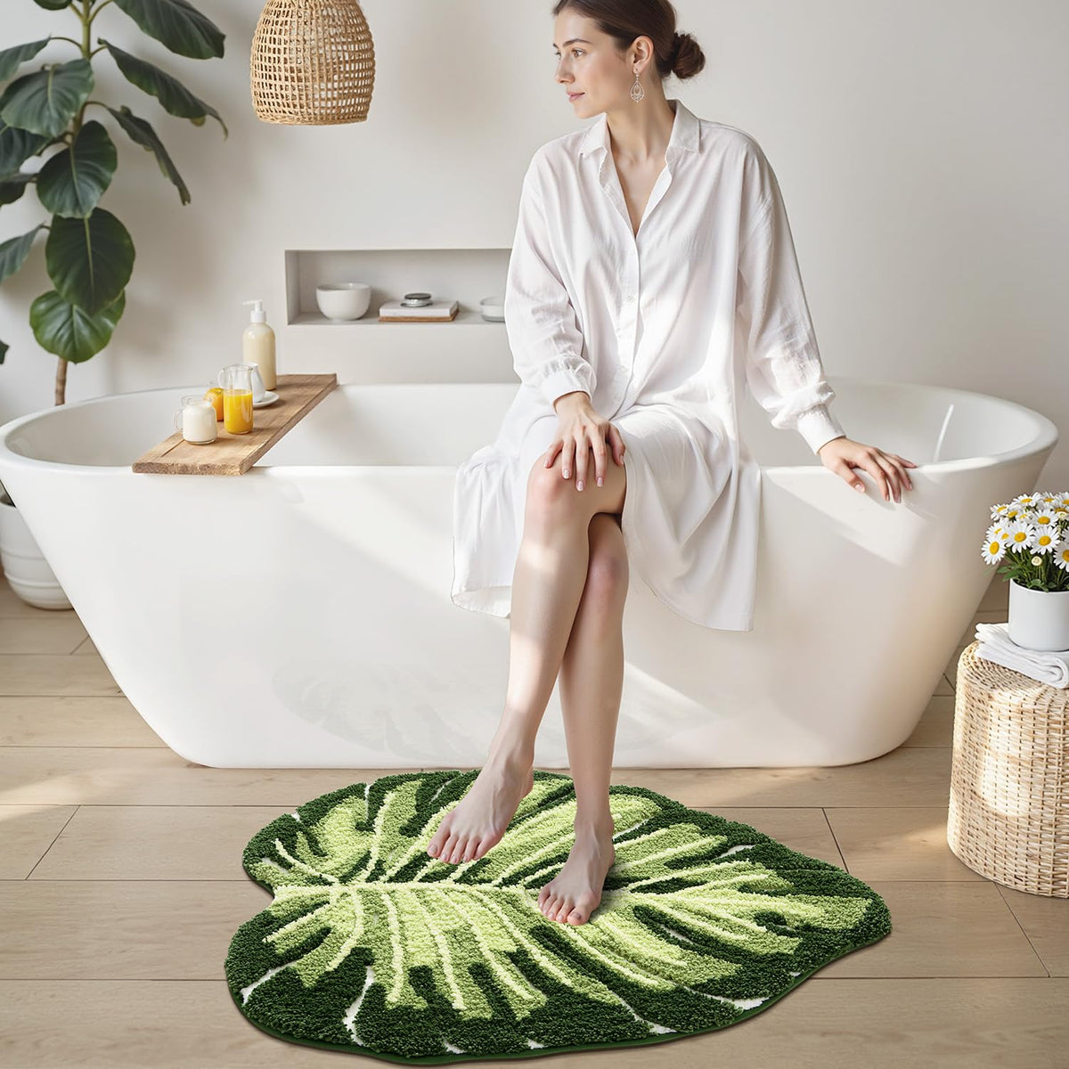 Non-slip backing on LUMI Monstera rug keeps baths safe on wet floors.