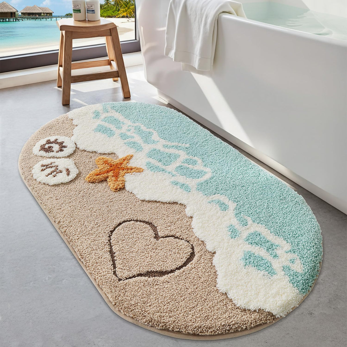 LUMI blue beach rug with soft, absorbent fibers for cozy bathroom comfort