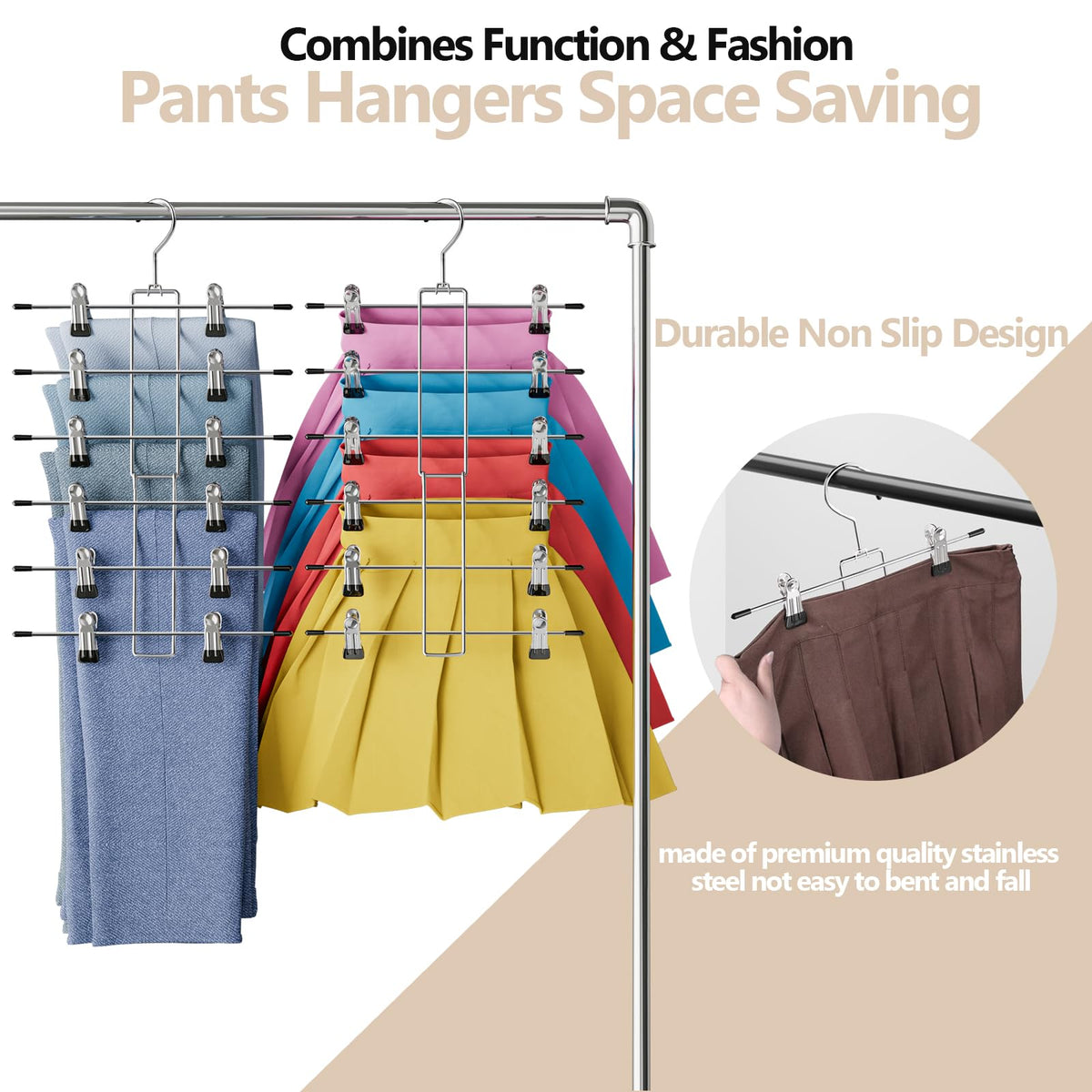 Lumigens adjustable clip pants and skirt hangers adapt to different garments.
