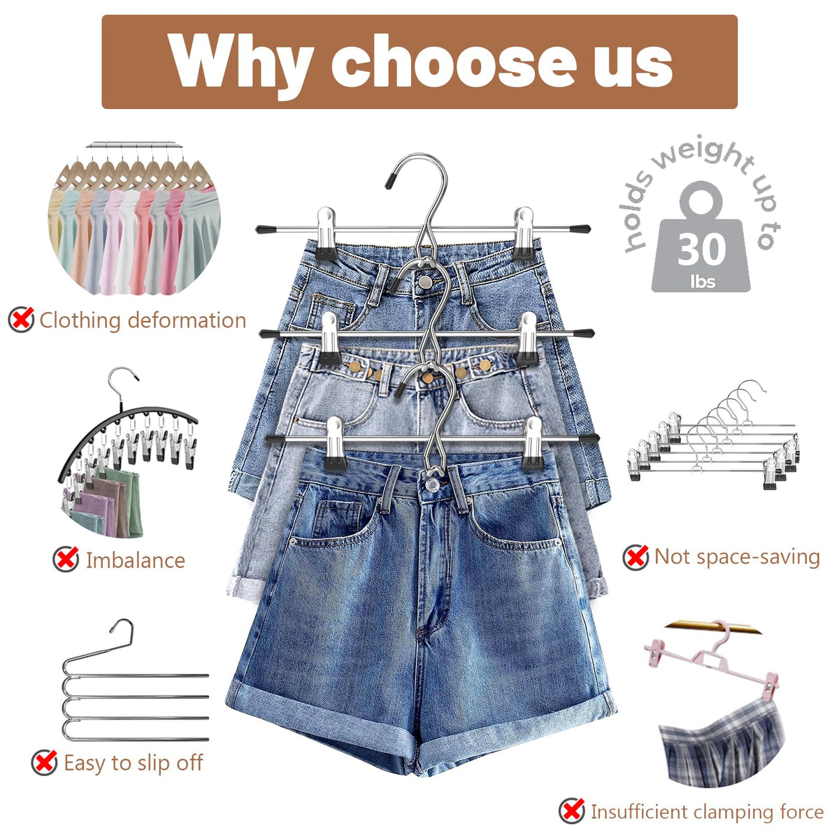 Lumigens durable metal pants hangers prevent bending and last longer.