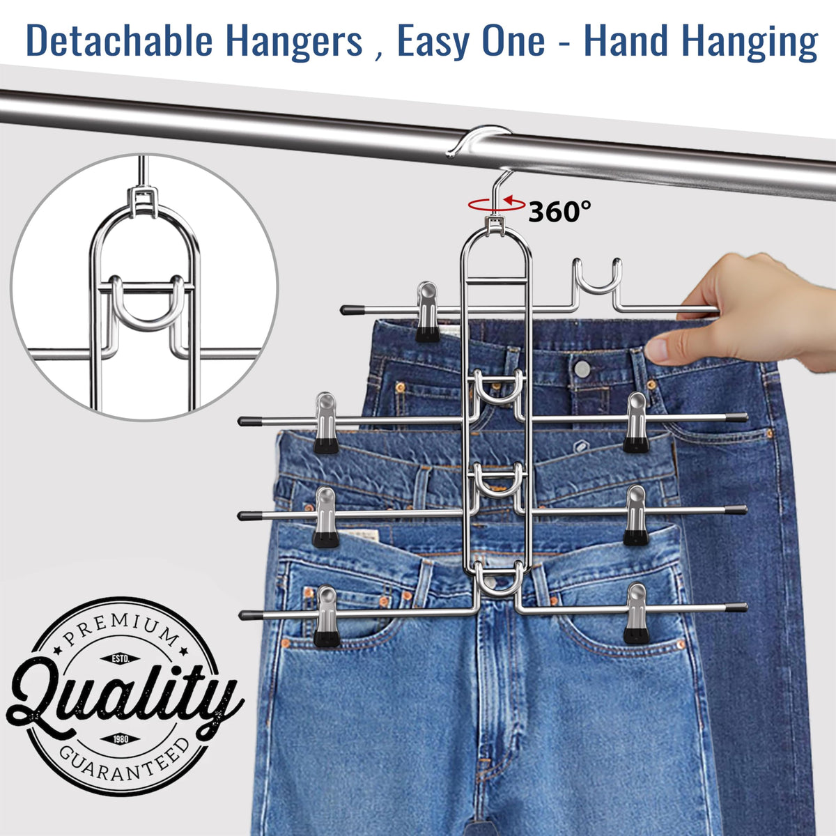 Lumigens detachable crossbar pants hanger for easy access without moving the whole rack.