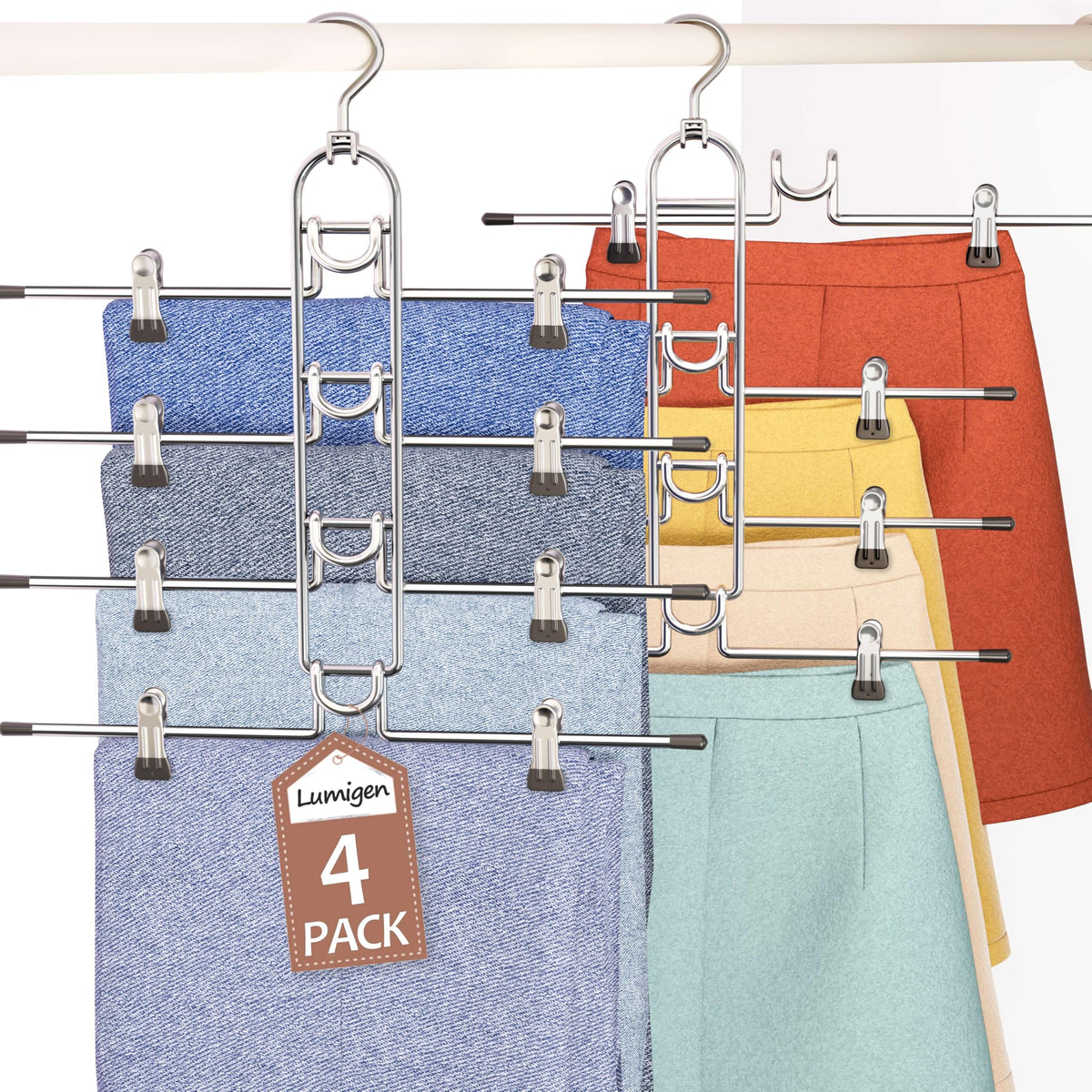 Lumigens pants hangers with clips showing a multi-layer design that saves closet space.