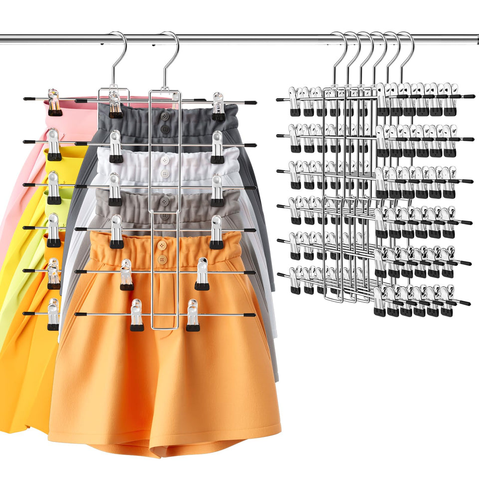 Lumigens six-pack pants hangers with 360° swivel hook for easy access and space saving.