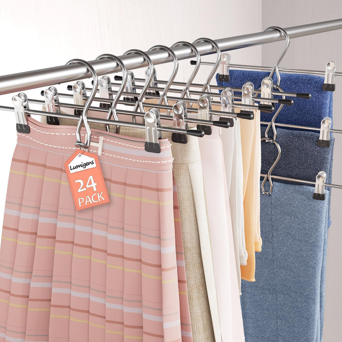 Lumigens space-saving pants hangers maximize vertical closet space.