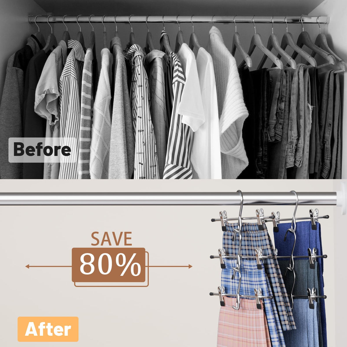 Lumigens stackable hangers with clips help keep outfits organized.