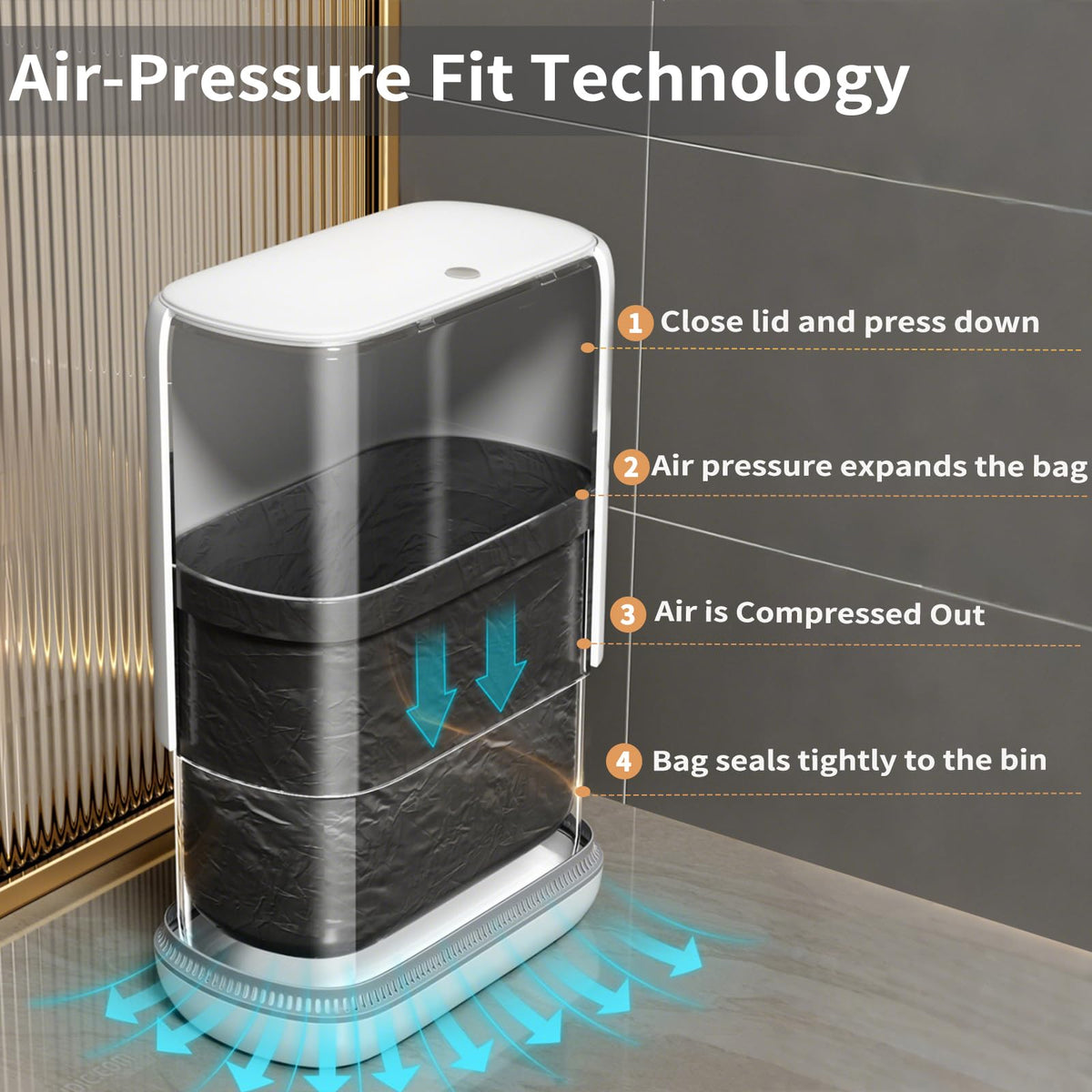 LumiHom 3-gallon slim trash bin fits tight bathroom spaces.
