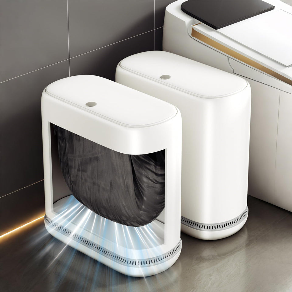 LumiHom bathroom trash can with lid close-up showing tight seal for odor control.