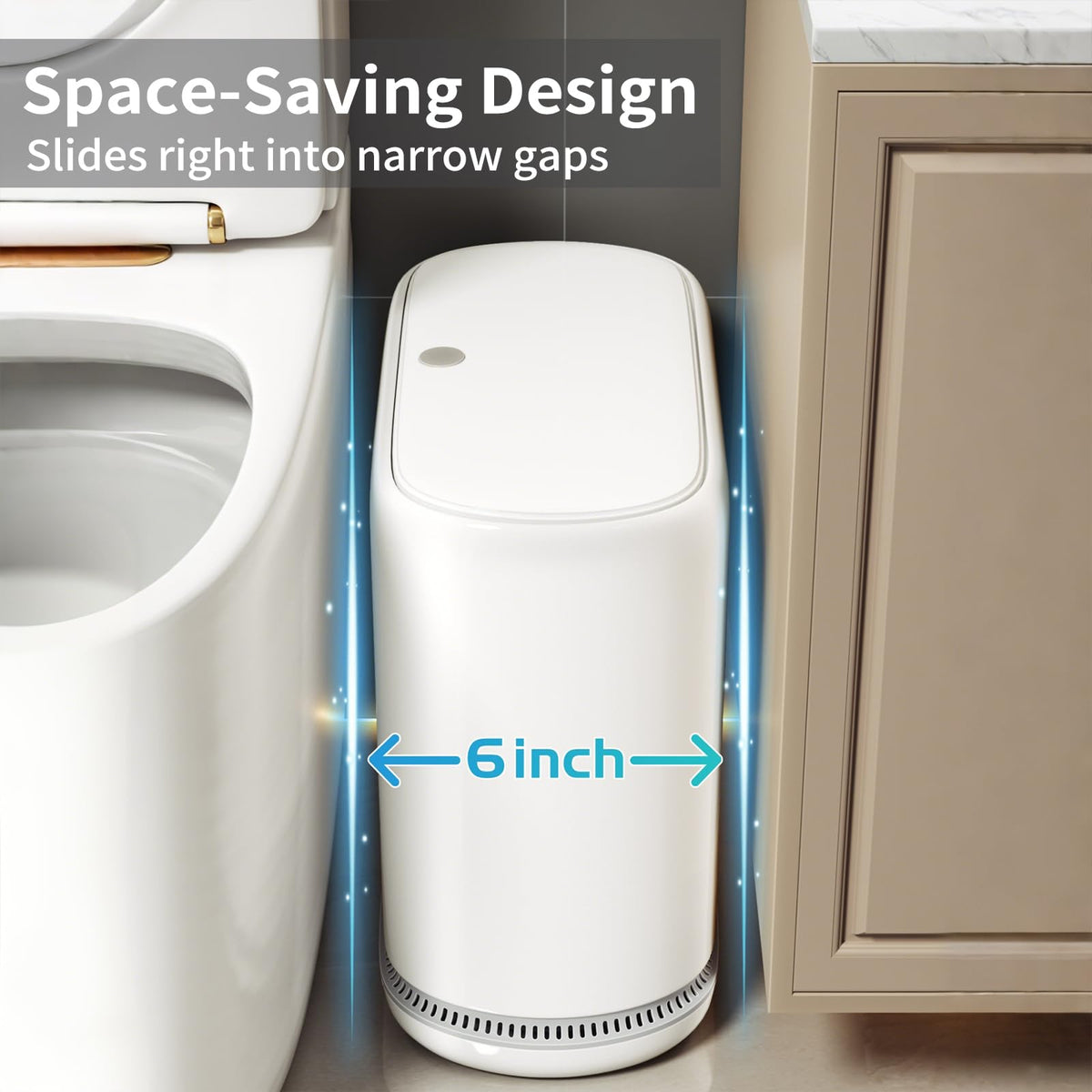 LumiHom slim bin beside a toilet highlighting compact profile.
