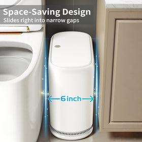 LumiHom slim bin beside a toilet highlighting compact profile.