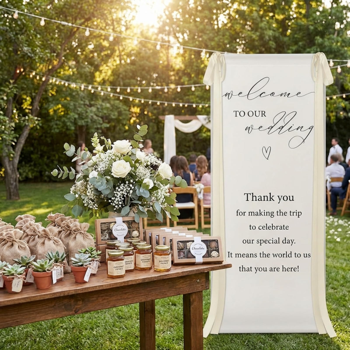 Lumina Garden adjustable metal stand supporting a stable wedding display