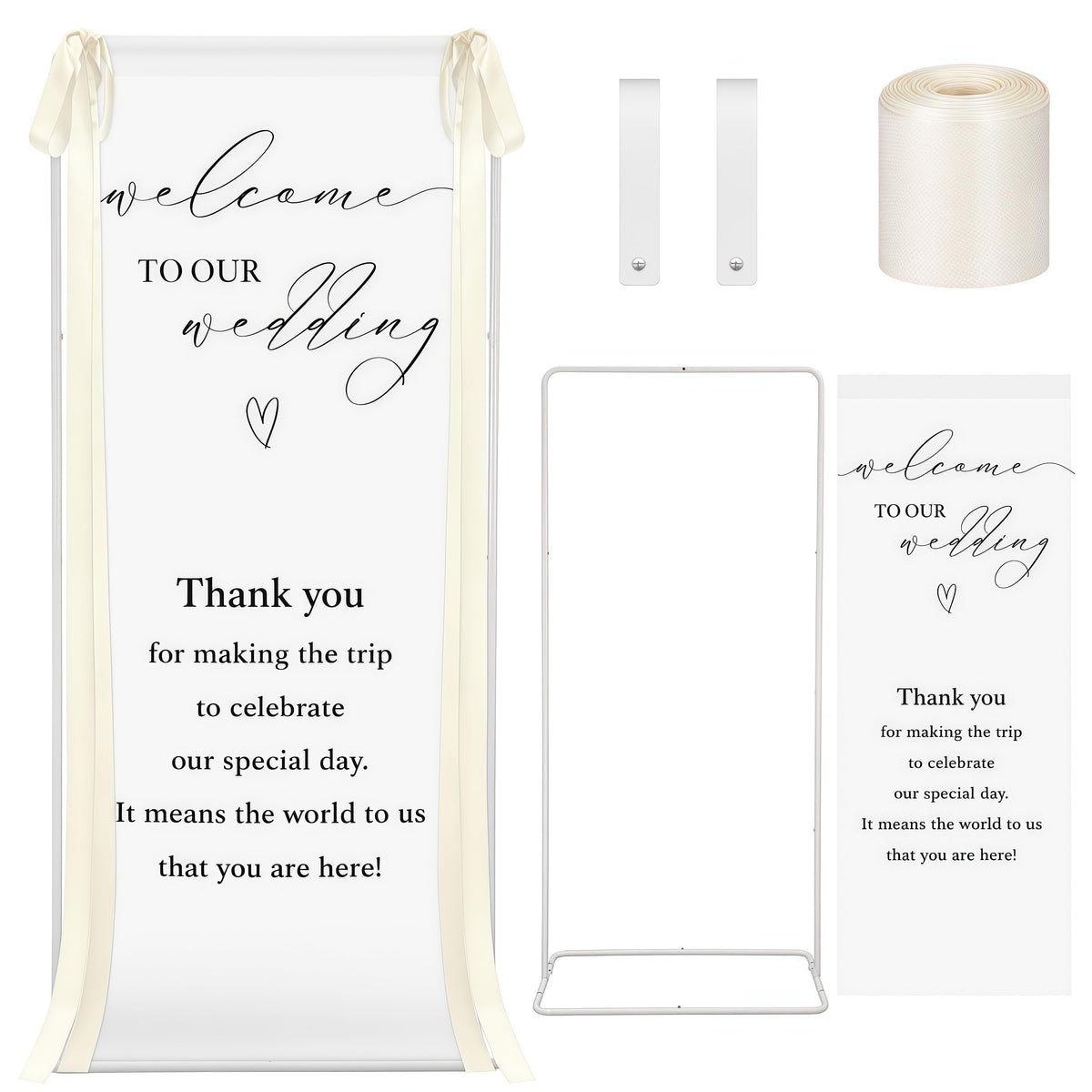 Lumina Garden beige linen welcome sign panel on a metal stand for ceremonies