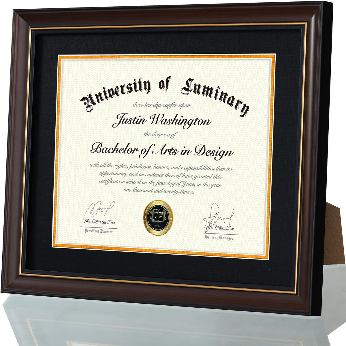 Luminary diploma frame in walnut finish, front view for wall display