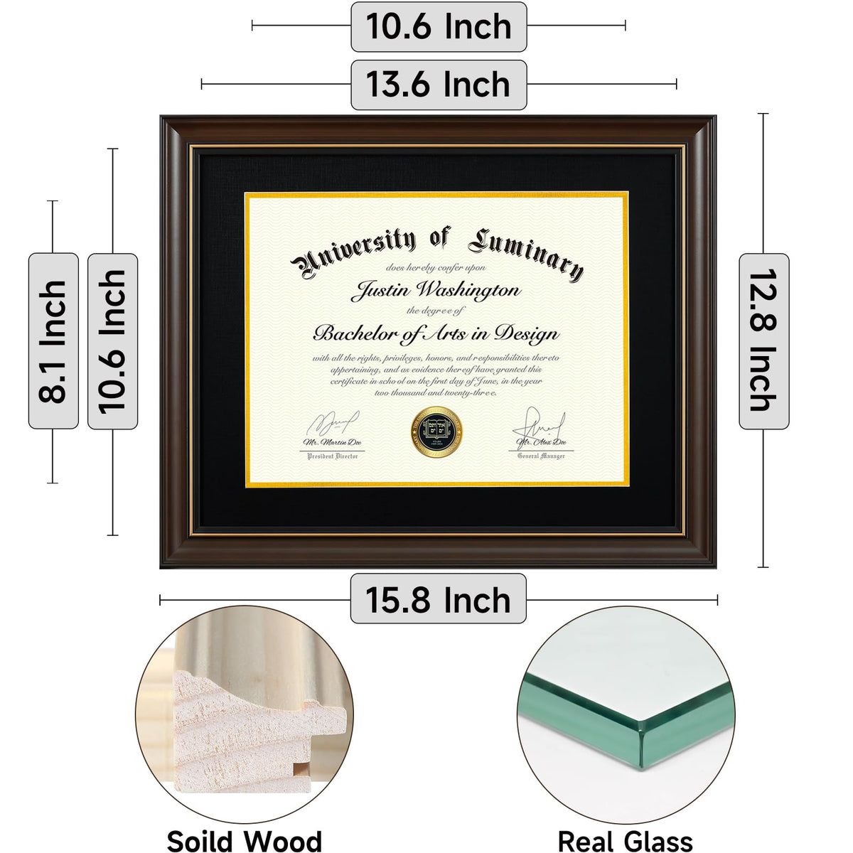 Luminary frame with 8.5x11 opening and black mat, enhances certificate presence