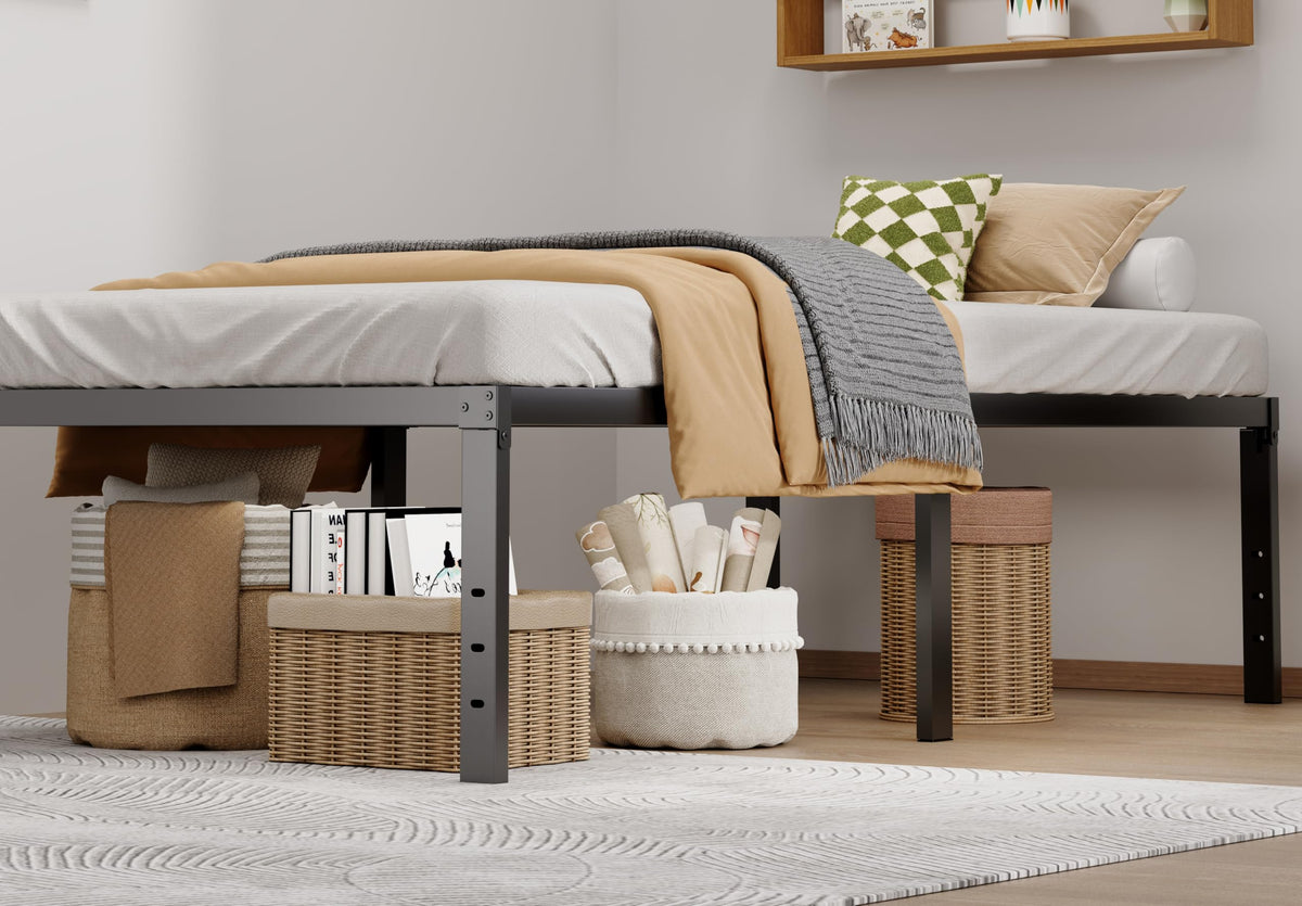 LUMUNANCE Twin XL bed frame front view highlighting 18-inch height.