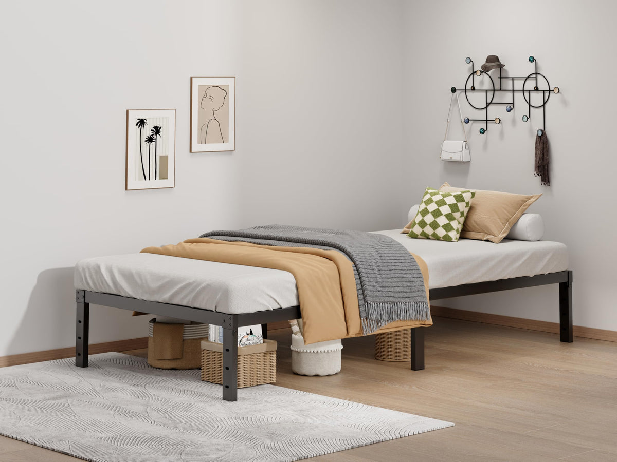 LUMUNANCE Twin XL bed frame side profile, showcasing solid metal construction