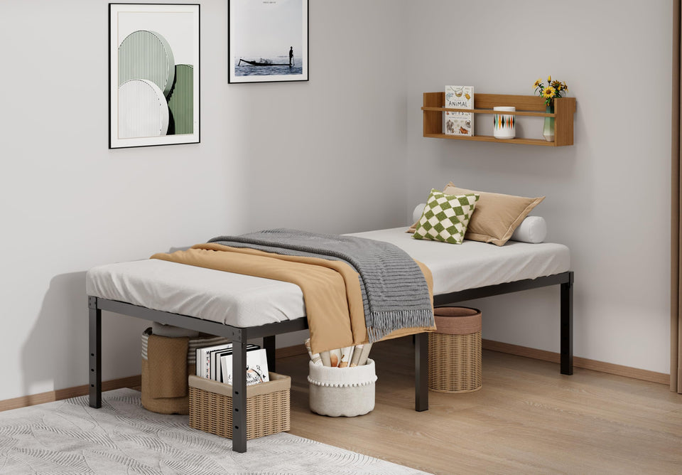 LUMUNANCE Twin XL bed frame side view showing minimalist, sturdy metal design.