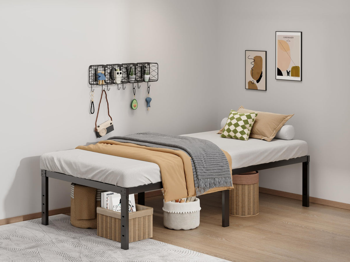 LUMUNANCE Twin XL metal bed frame side view shows sturdy construction for quiet sleep.