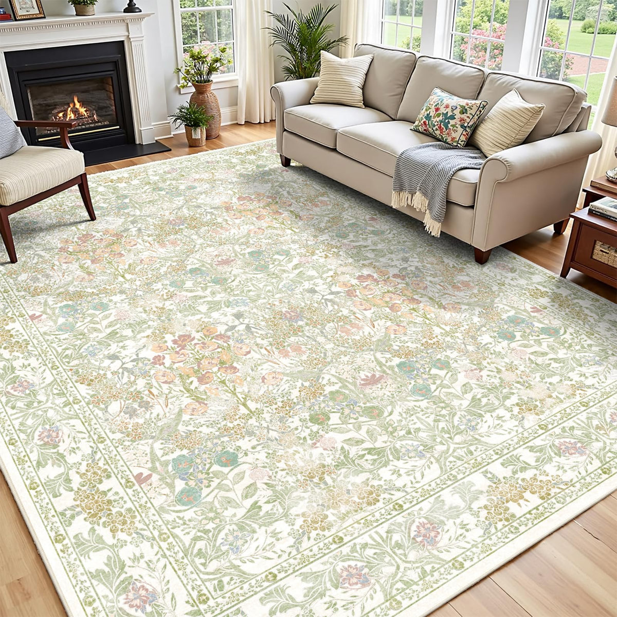 Close-up of floral farmhouse pattern on Lunasun boho rug for living spaces.