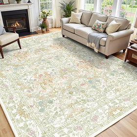 Close-up of floral farmhouse pattern on Lunasun boho rug for living spaces.