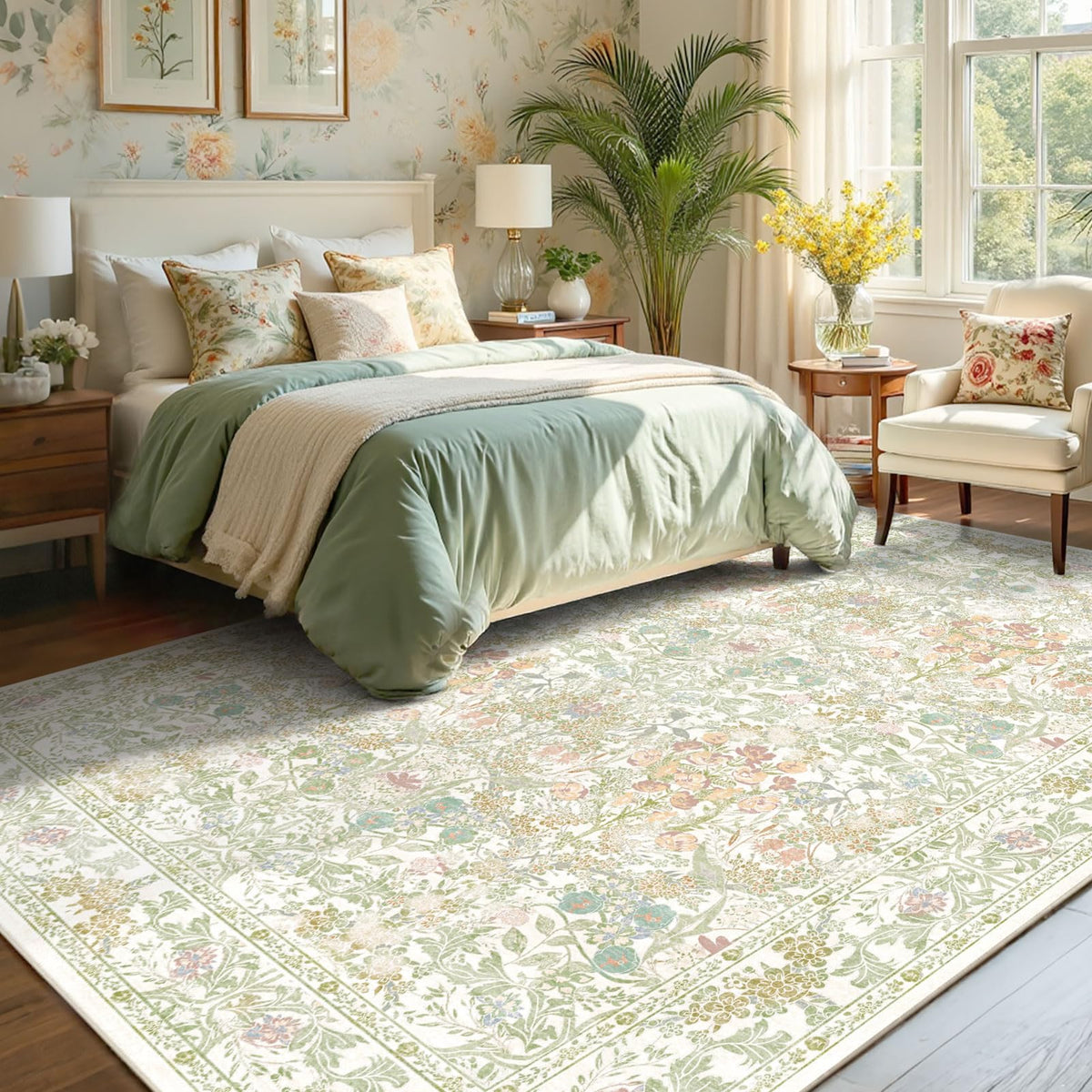 Lunasun sage-green boho rug 8x10 adds cozy bedroom style and texture.