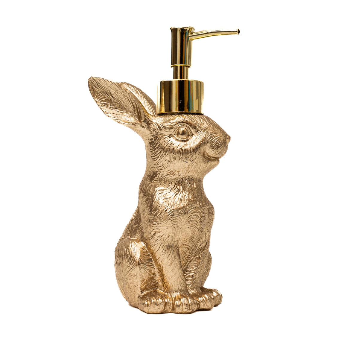 Lune Cle Gold Bunny Soap Dispenser on sink, antique finish enhances elegance.