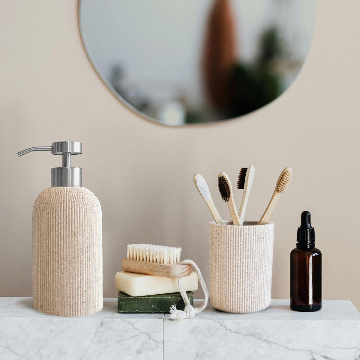 Lunestella sand-beige countertop stand demonstrates compact, space-saving bathroom organization.