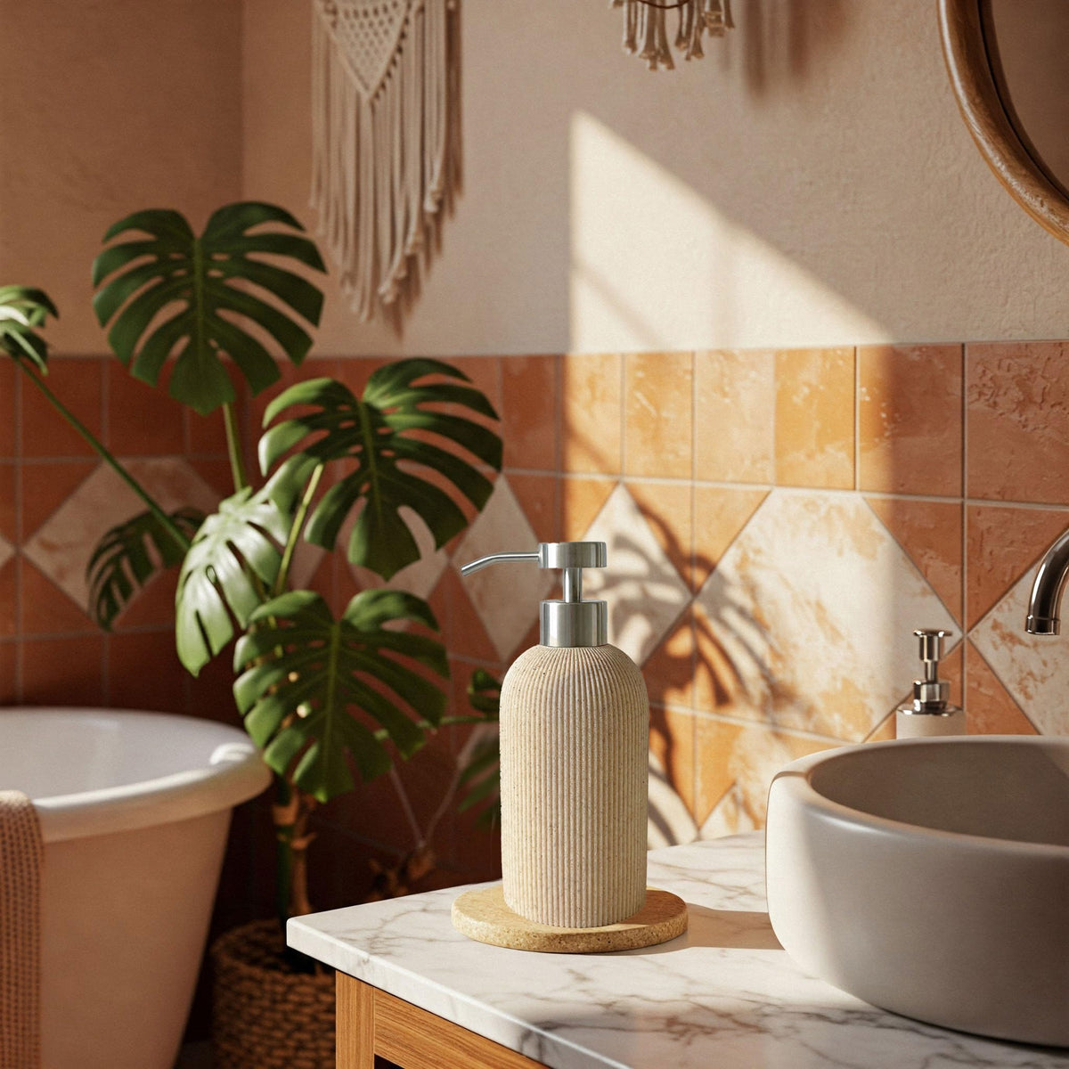 Lunestella sandstone texture adds Boho warmth to bathroom decor.
